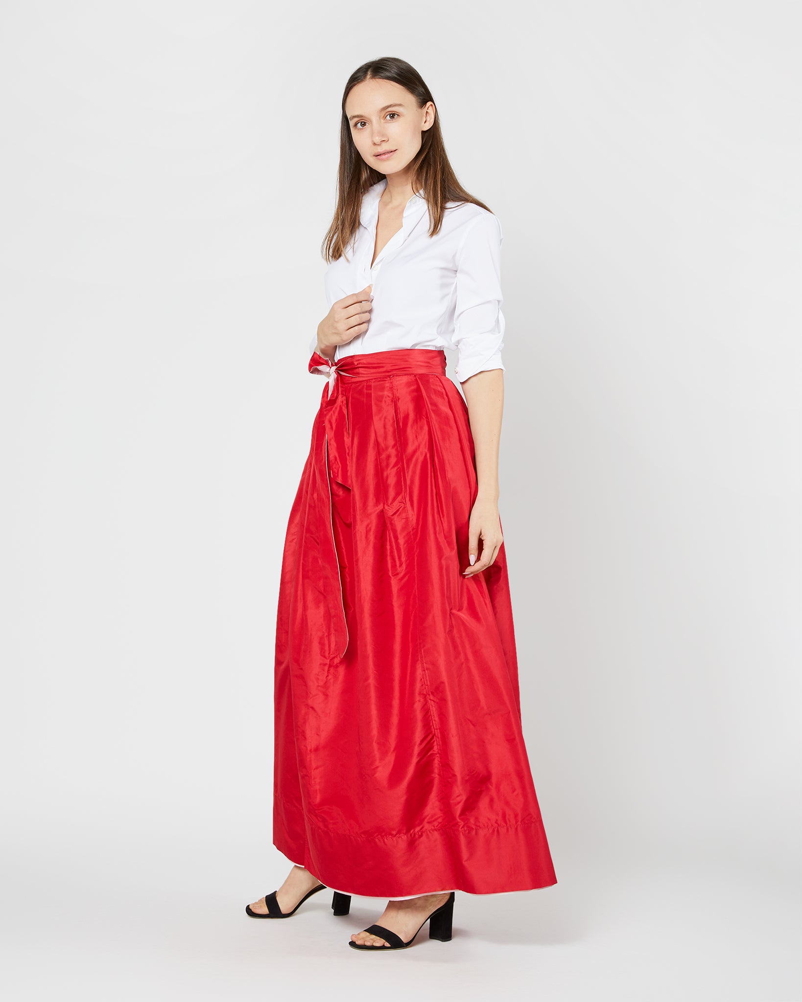 Reversible Pleated Wrap Skirt in Light Pink/Red Silk Taffeta