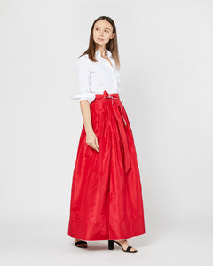 Reversible Pleated Wrap Skirt in Light Pink/Red Silk Taffeta