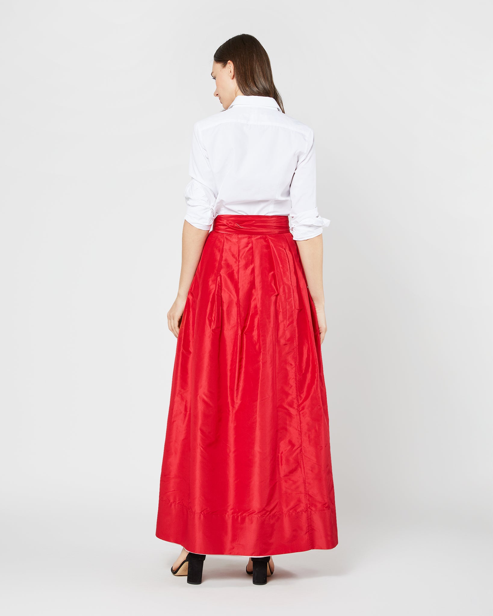 Reversible Pleated Wrap Skirt in Light Pink/Red Silk Taffeta