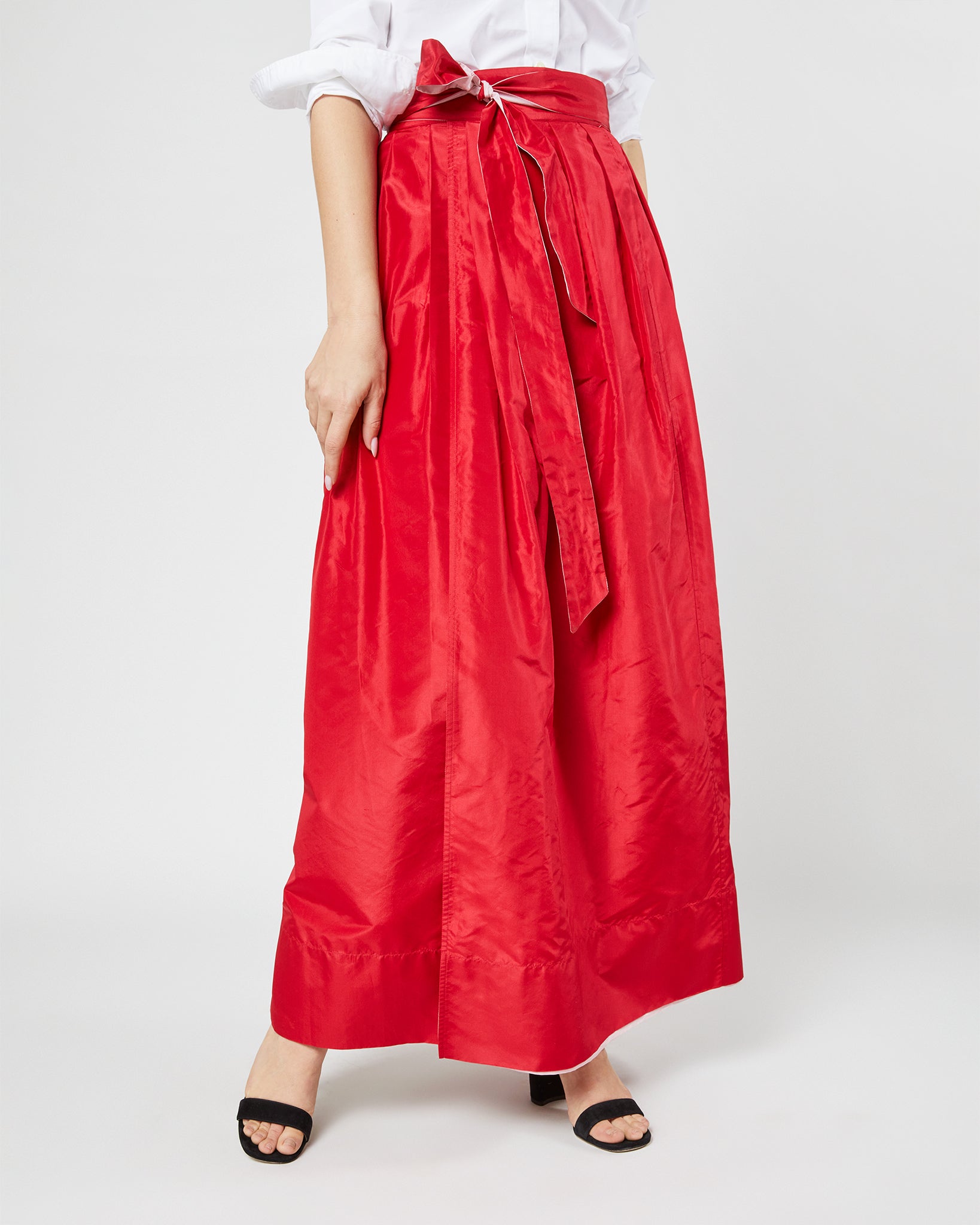 Reversible Pleated Wrap Skirt in Light Pink/Red Silk Taffeta