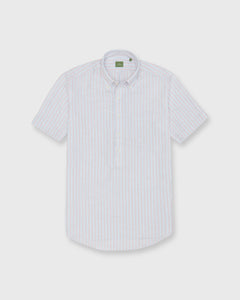 Short-Sleeved Button-Down Popover Sport Shirt in Sky/Coral/Orange Stripe Cotolino