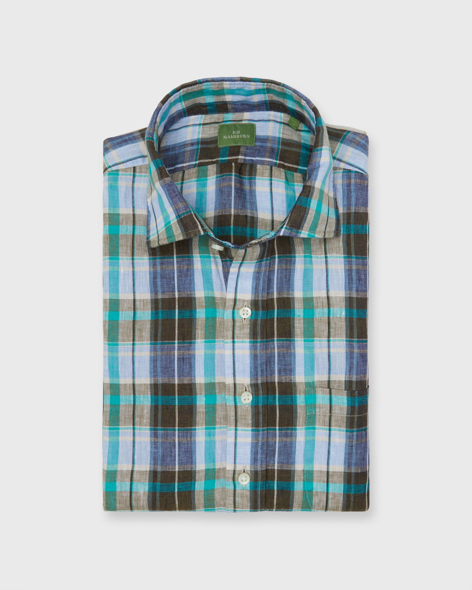 Spread Collar Popover Sport Shirt in Peri/Brolive/Surf Plaid Linen