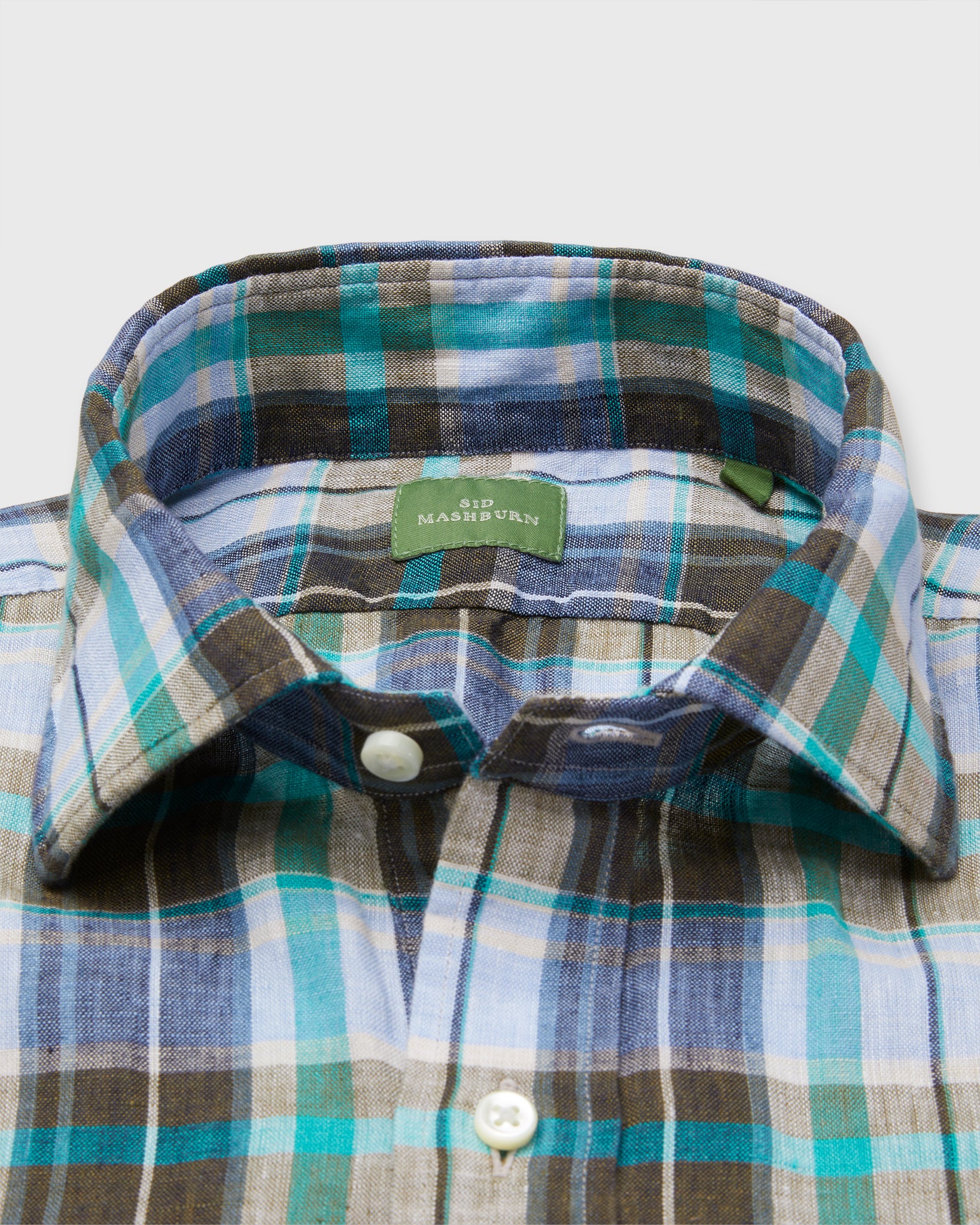 Spread Collar Popover Sport Shirt in Peri/Brolive/Surf Plaid Linen