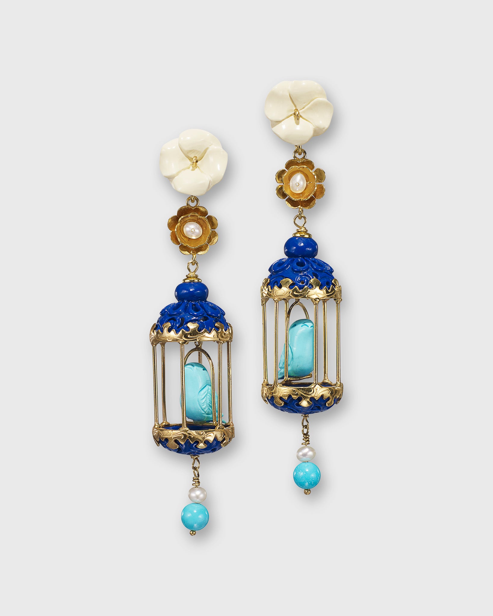 Aviary Classic Earrings in Gold/White/Lapis/Turquoise