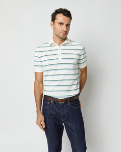 Rally Polo Sweater in Chalk/Ivy/Light Blue Stripe Cotton