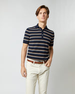 Load image into Gallery viewer, Rally Polo Sweater in Navy/Melon/Light Blue Stripe Cotton
