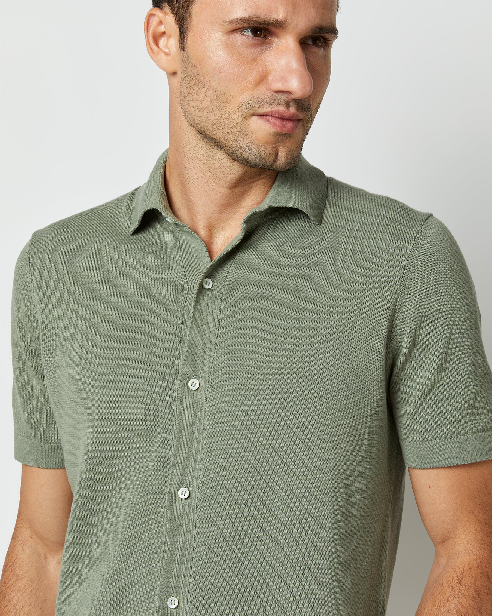 Full-Placket Sweater in Sage Cotton
