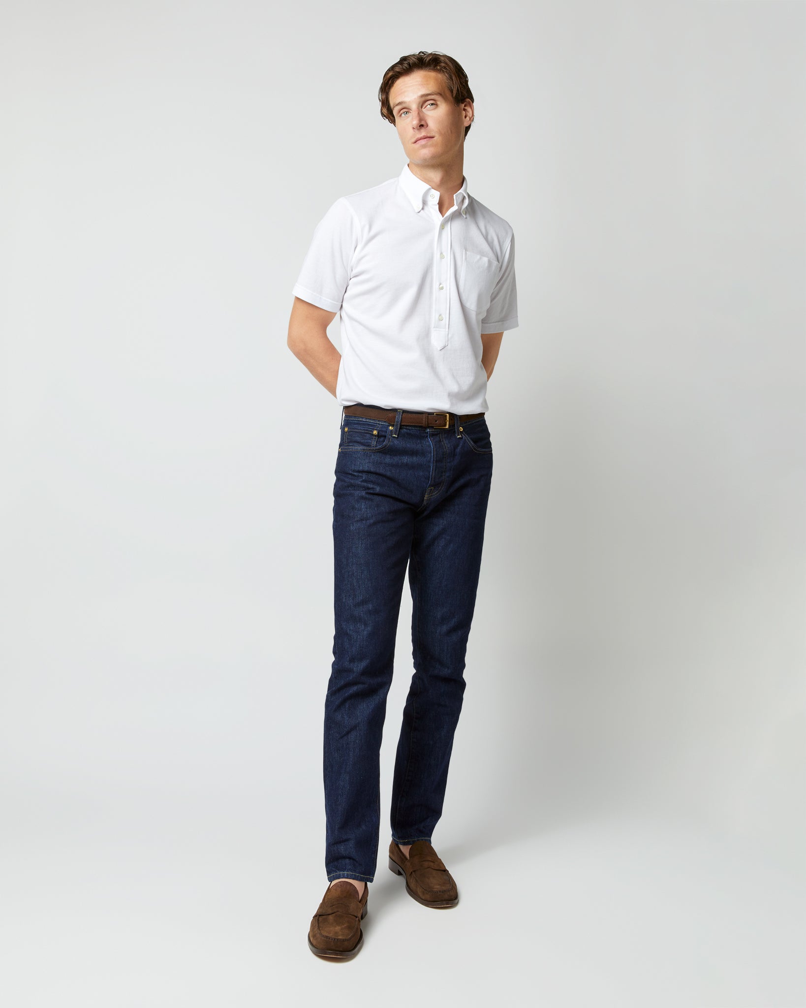 Short-Sleeved Knit Button-Down Popover Shirt in White Pima Pique