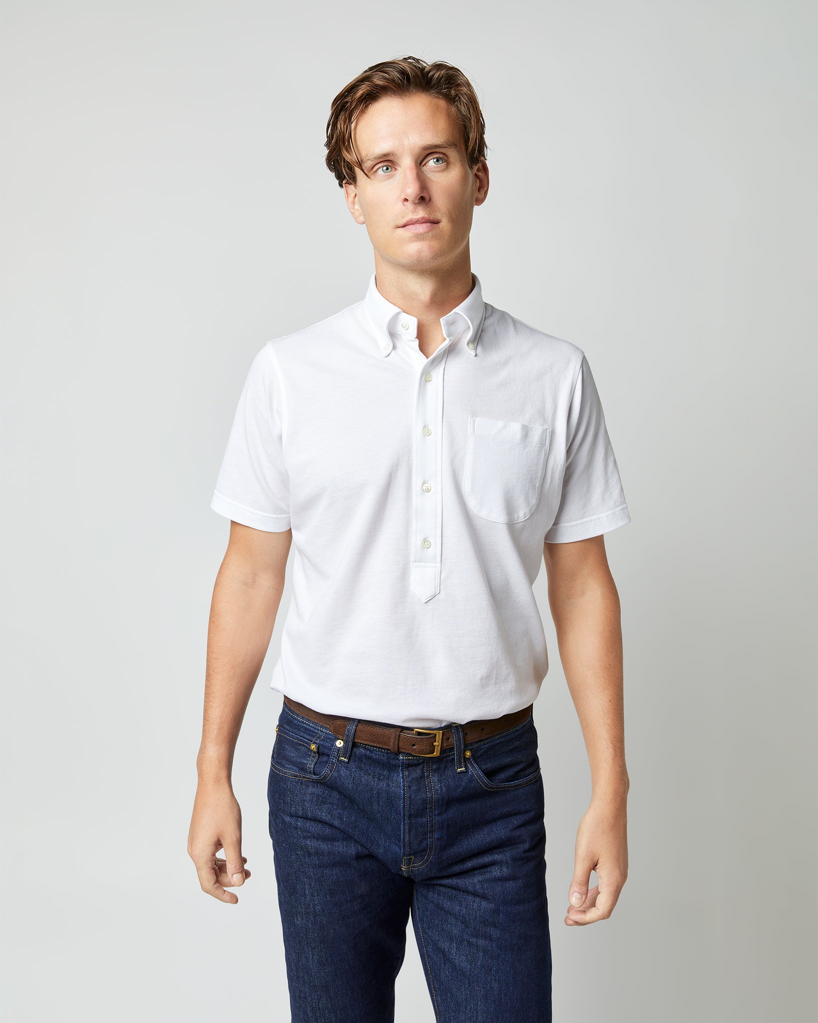 Short-Sleeved Knit Button-Down Popover Shirt in White Pima Pique