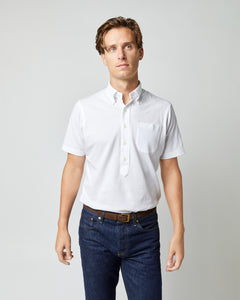 Short-Sleeved Knit Button-Down Popover Shirt in White Pima Pique