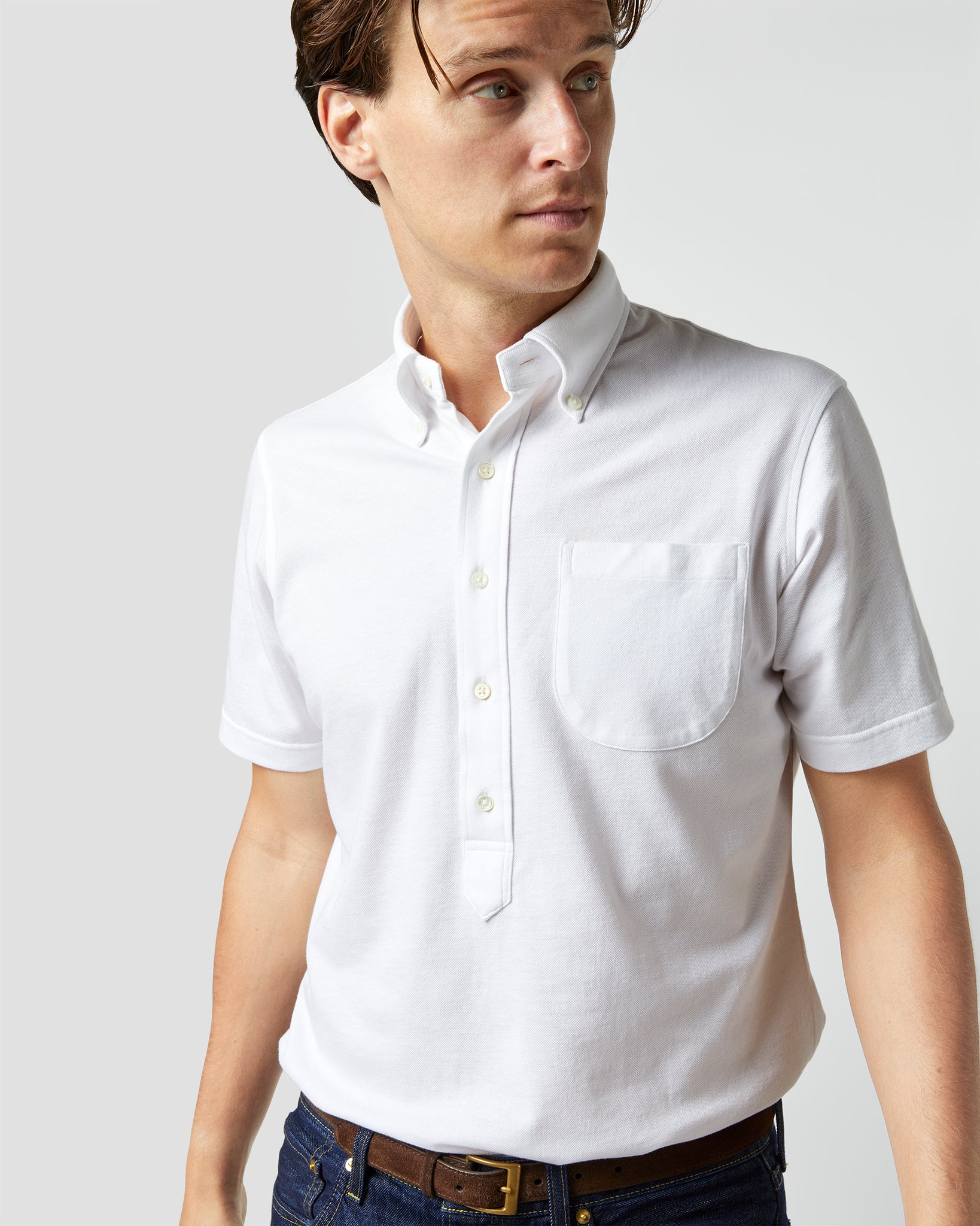 Short-Sleeved Knit Button-Down Popover Shirt in White Pima Pique