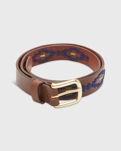 1 1/8" Polo Belt in Navy/Sage Medium Brown Leather