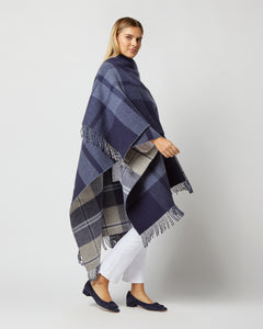 Reversible Lambswool Cape in Blue/Cream Windowpane