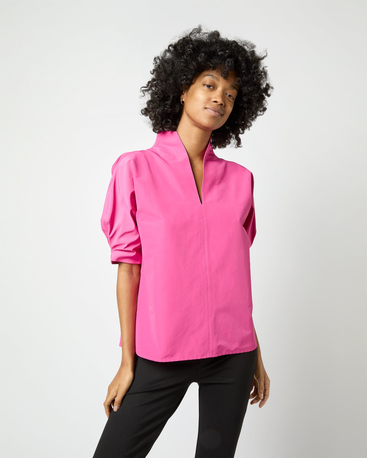 Short-Sleeved Violet Top in Azalea Cotton/Nylon Faille