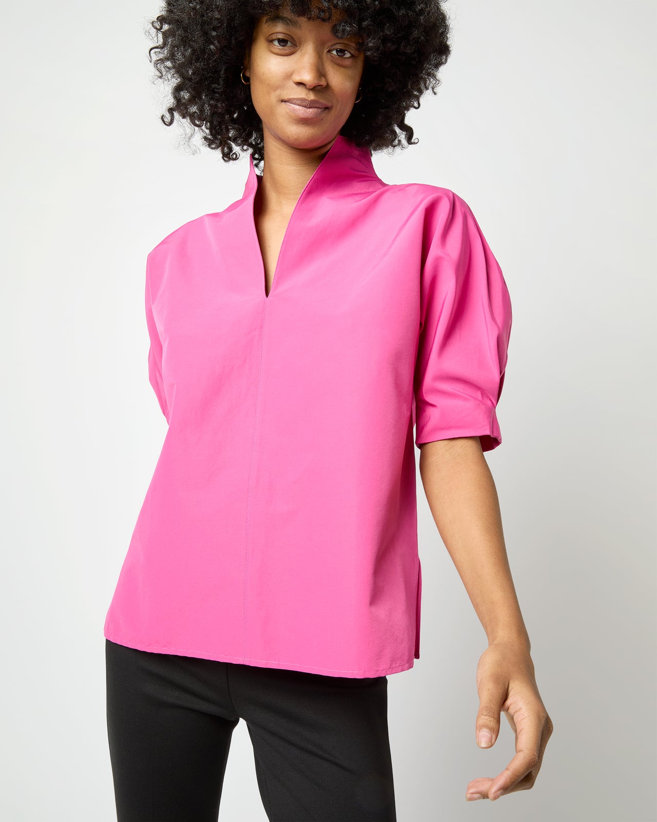 Short-Sleeved Violet Top in Azalea Cotton/Nylon Faille