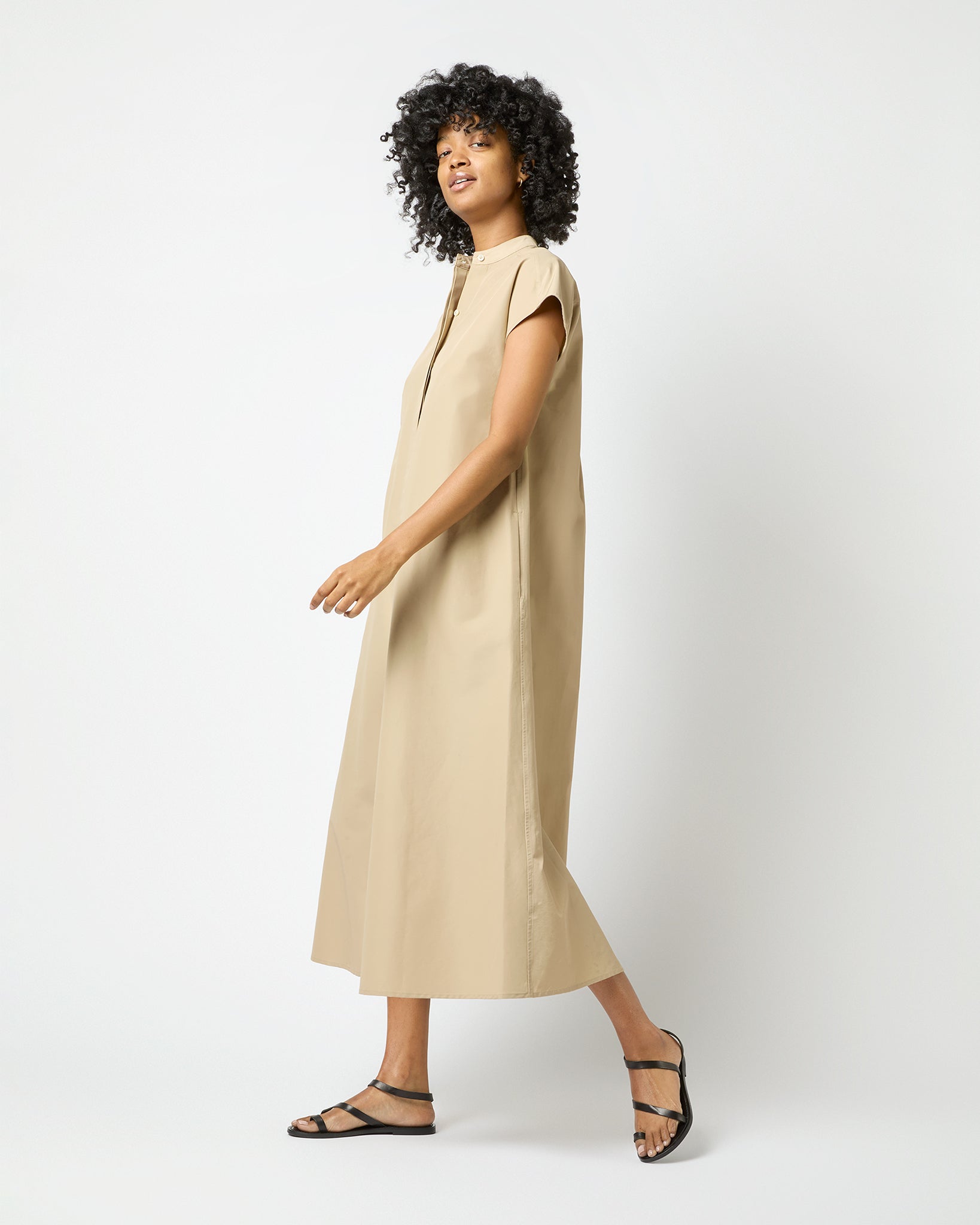 Gianna Maxi Shirtdress in Khaki Cotton/Nylon Faille | Shop Ann