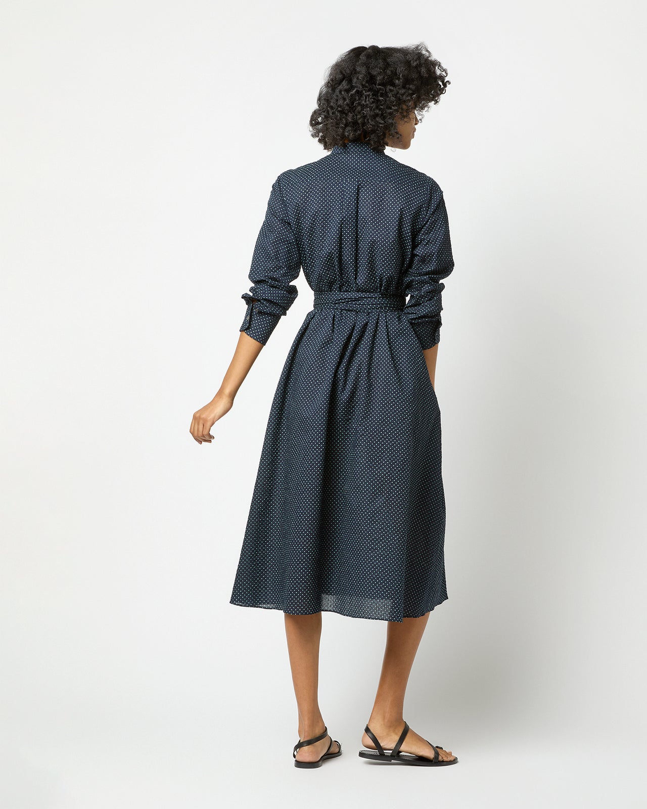 Long-Sleeved Gianna Dress in Navy/Green Small Dot Seersucker