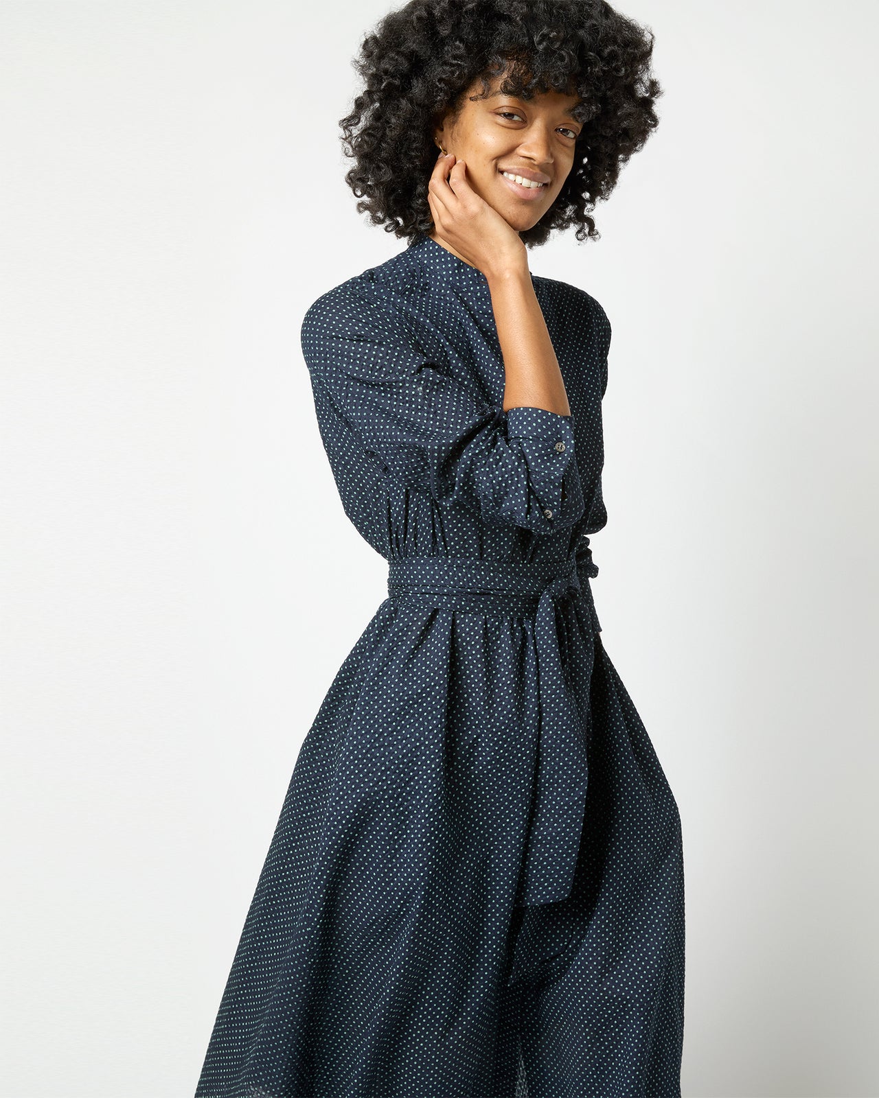 Long-Sleeved Gianna Dress in Navy/Green Small Dot Seersucker | Shop Ann Mashburn Long-Sleeved Gianna Dress in Navy/Green Small Dot Seersucker | Shop Ann Mashburn