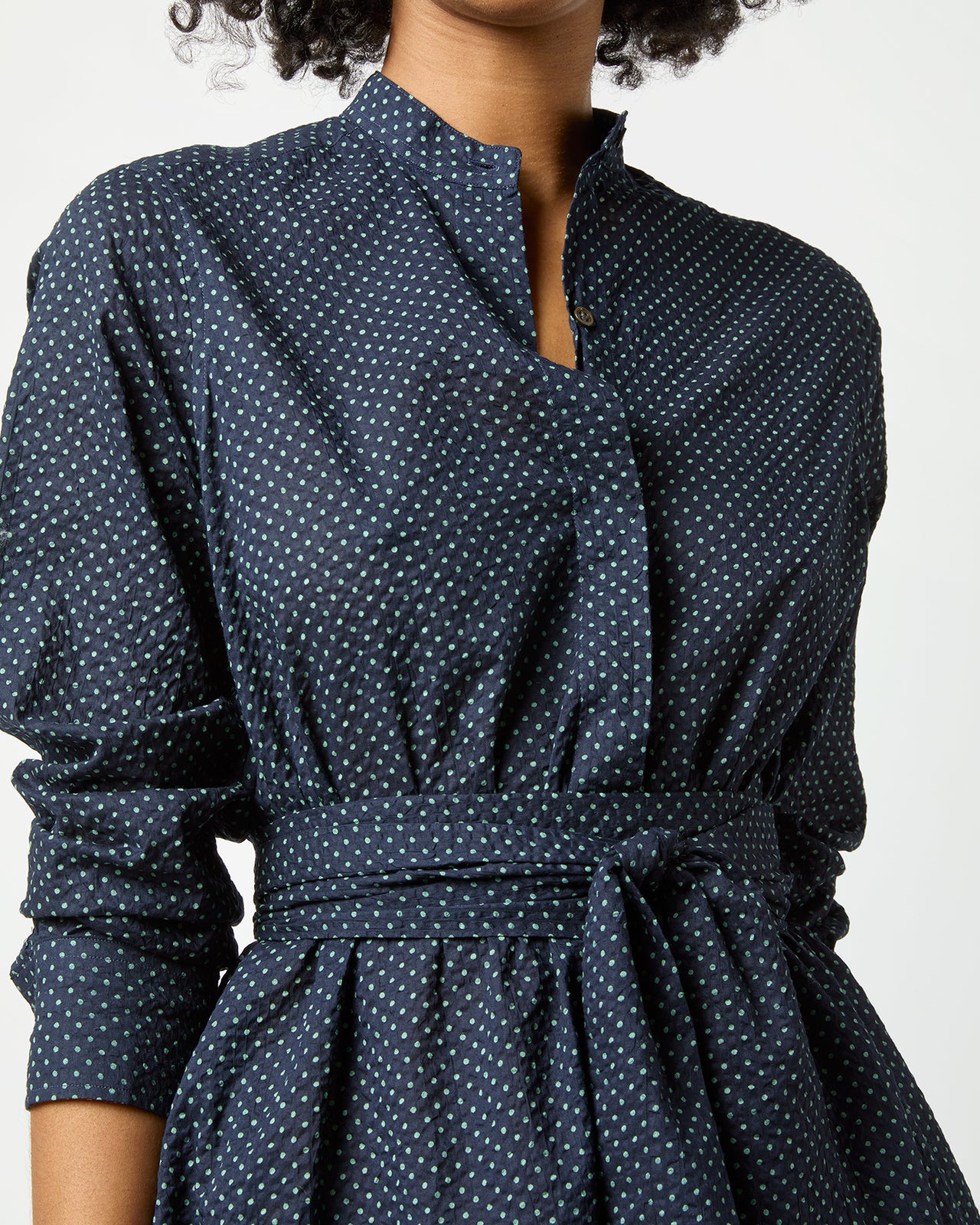 Long-Sleeved Gianna Dress in Navy/Green Small Dot Seersucker