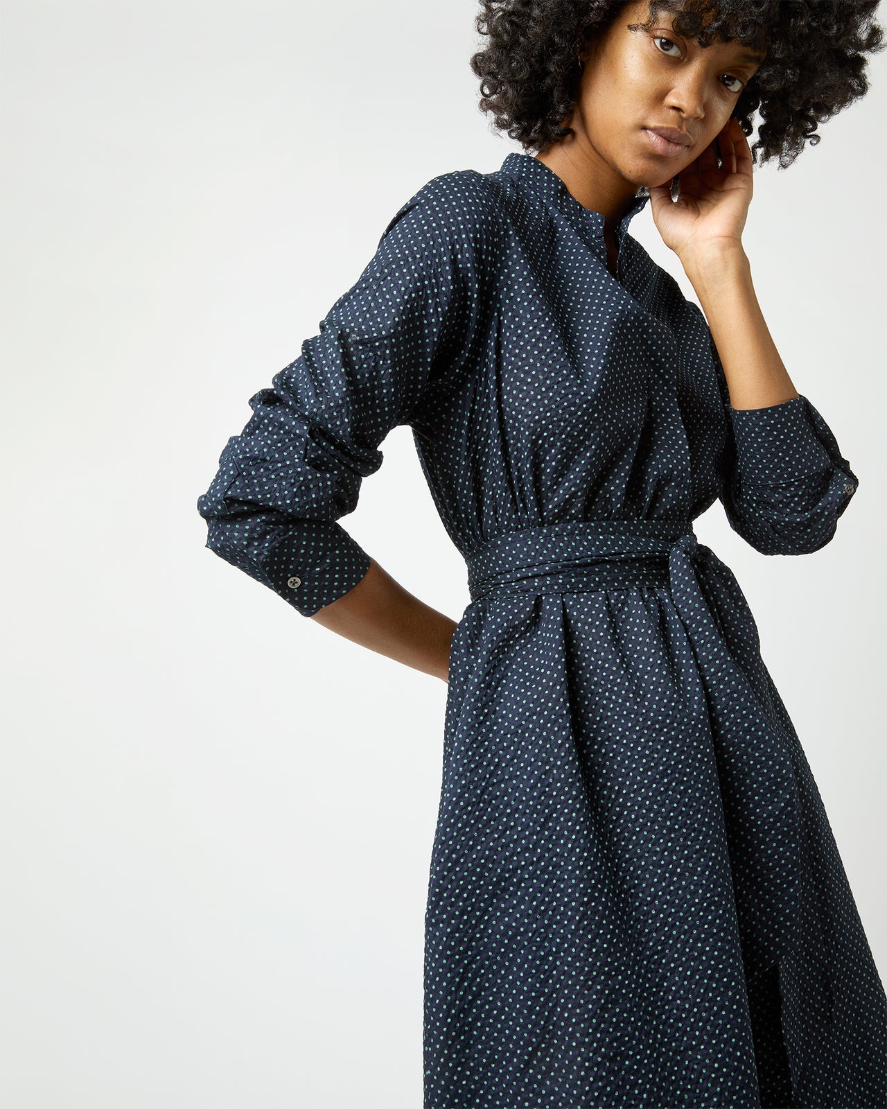 Long-Sleeved Gianna Dress in Navy/Green Small Dot Seersucker