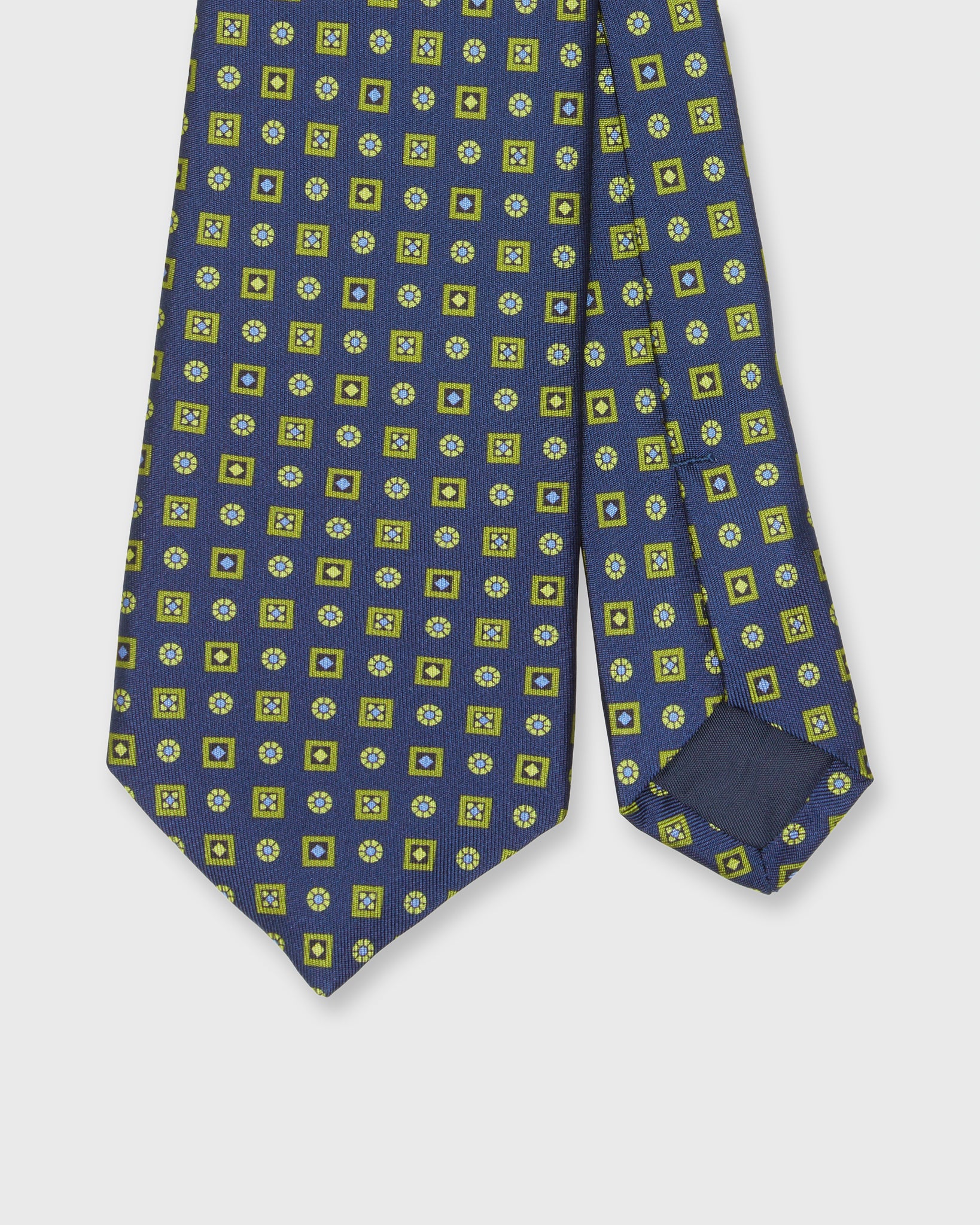 Silk Print Tie in Navy/Lime Shapes