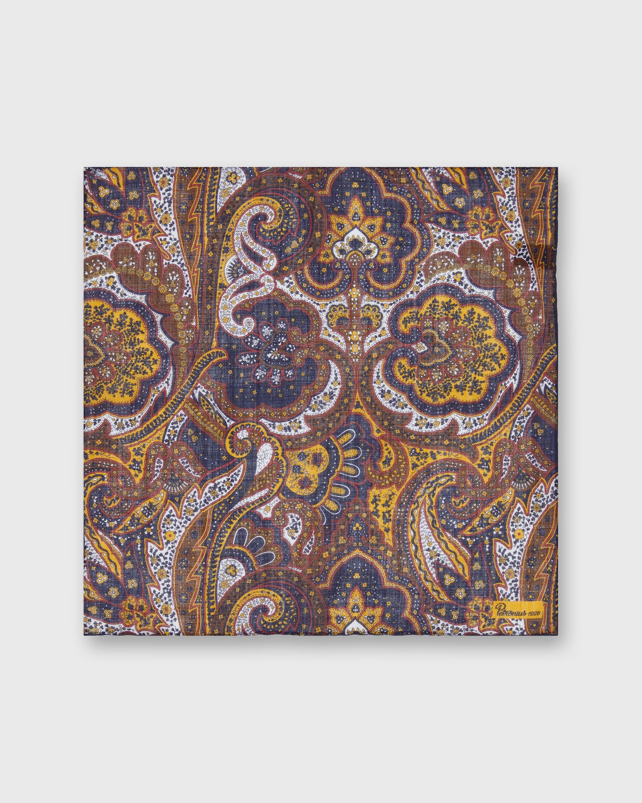 Wool/Silk Pocket Square in Navy/Brown Paisley