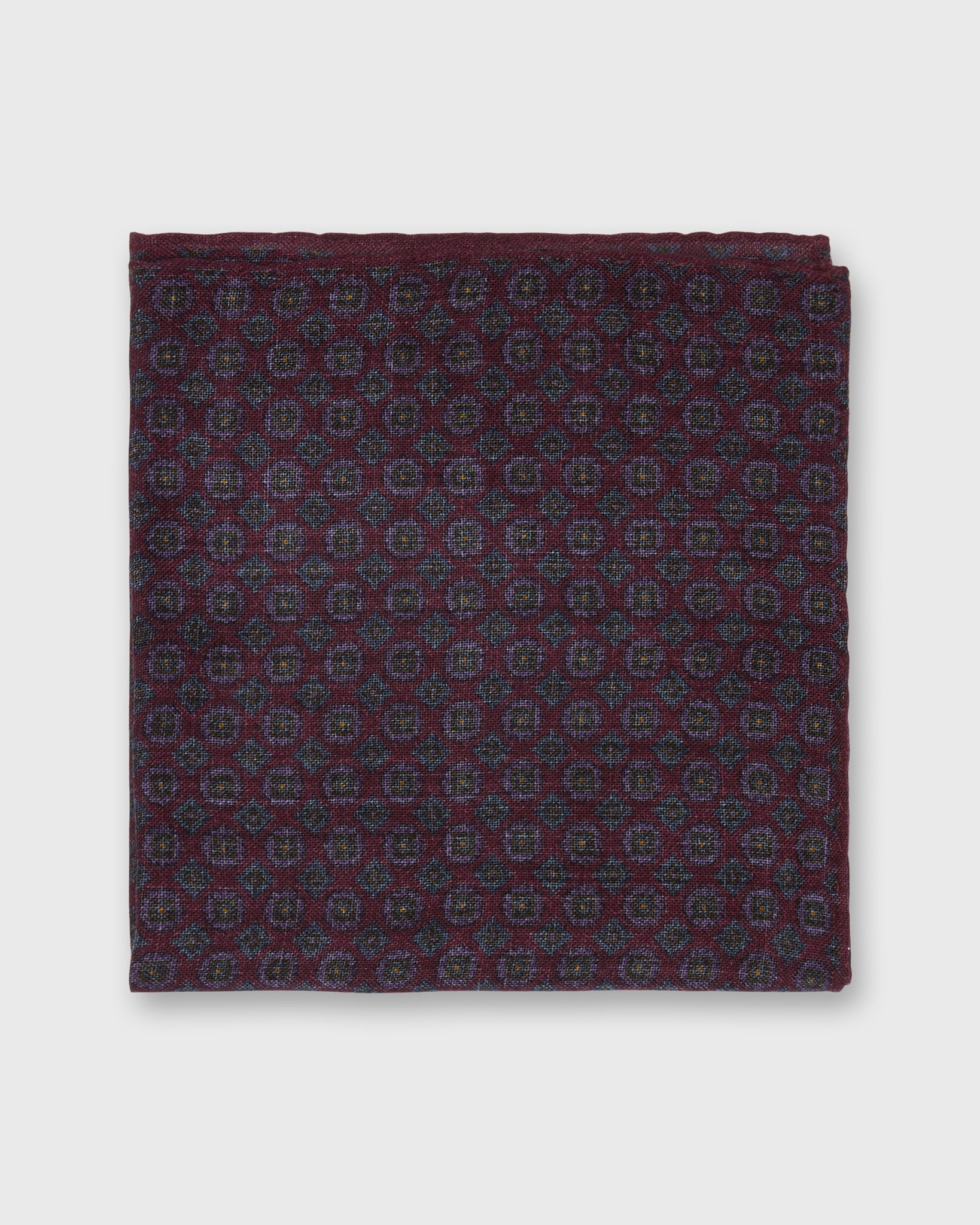 Wool/Silk Pocket Square in Berry/Navy/Purple Foulard