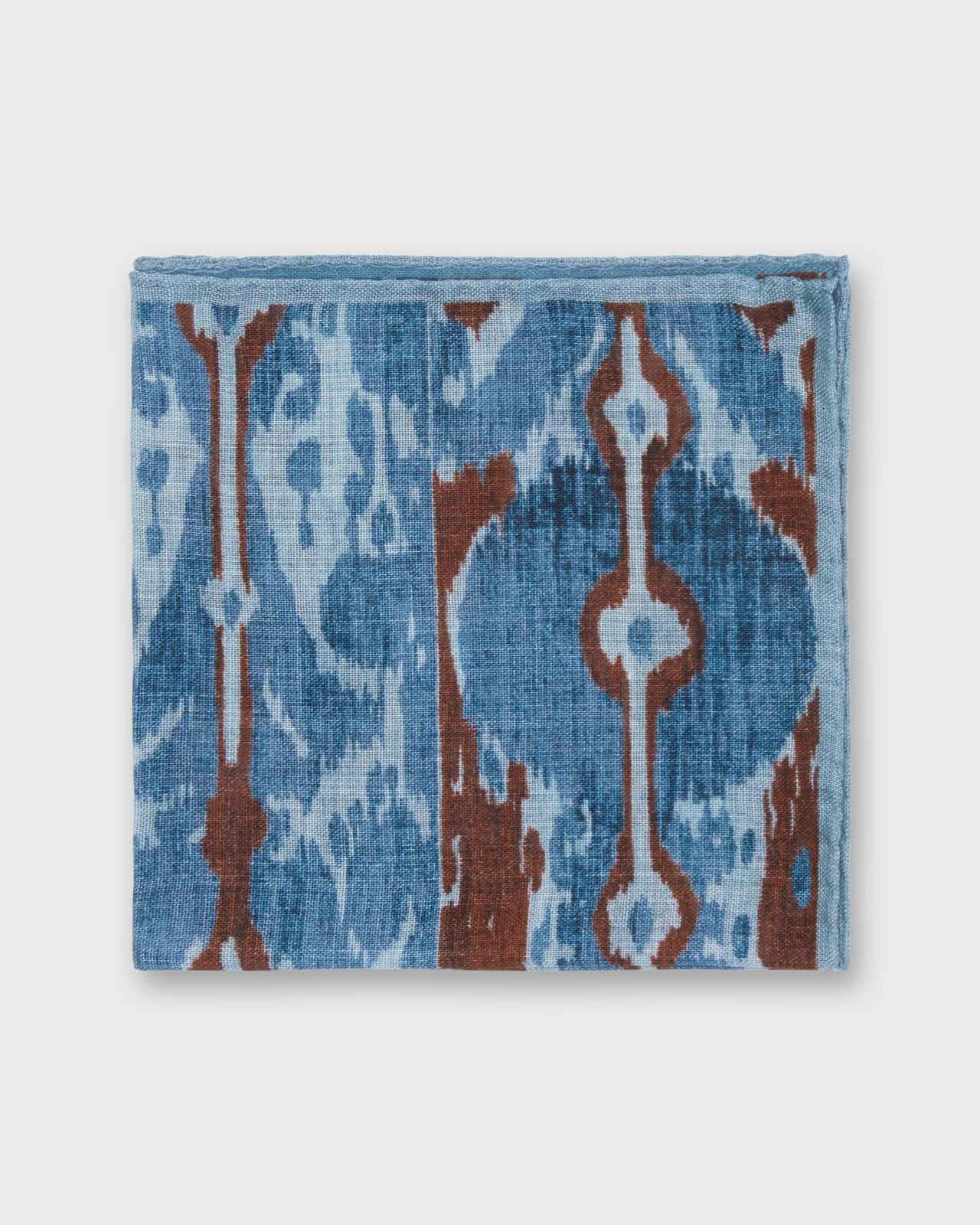 Hand-Rolled Wool/Silk Pocket Square in Blue/Brown Ikat