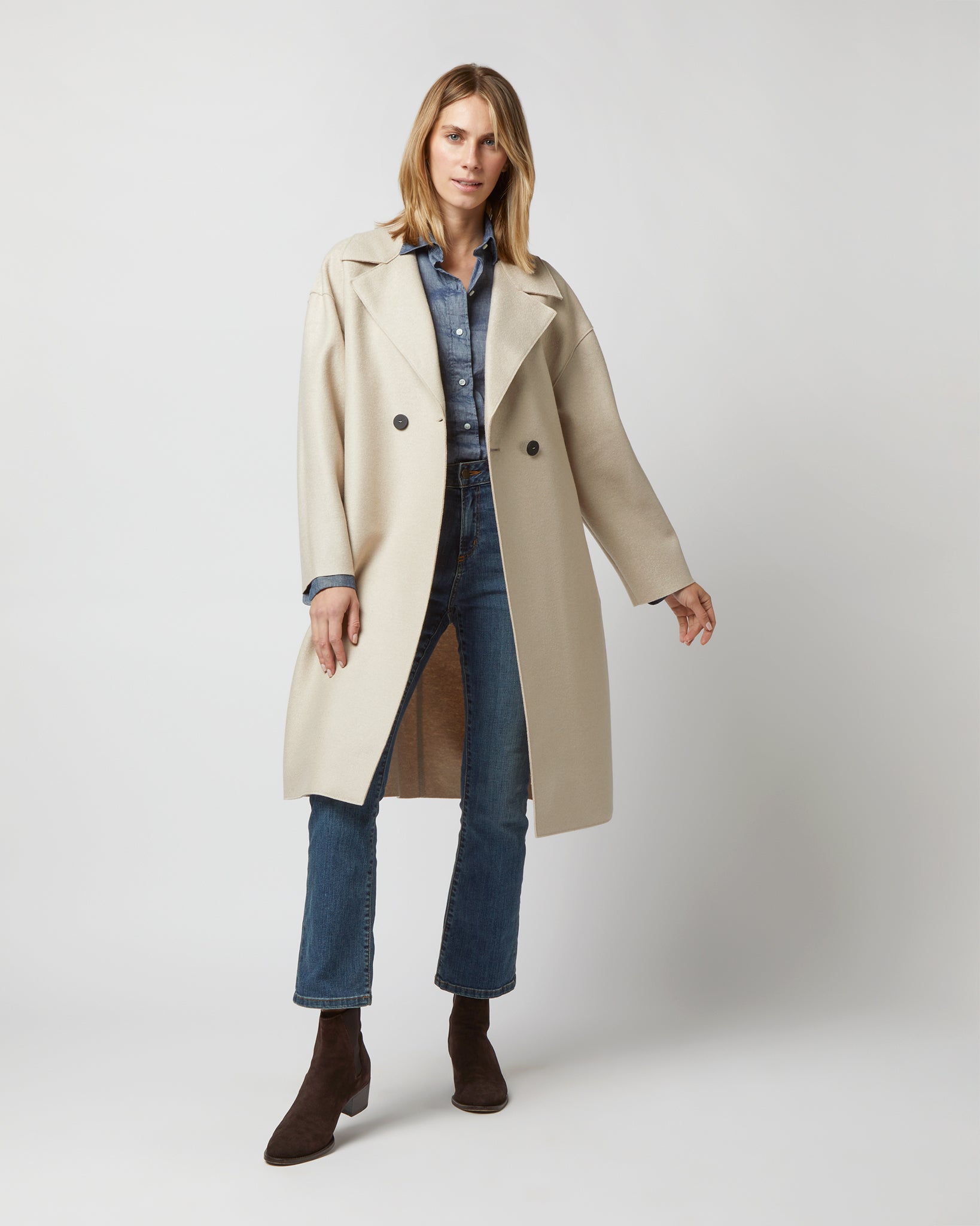 Dropped Shoulder Double Breasted Coat in Almond