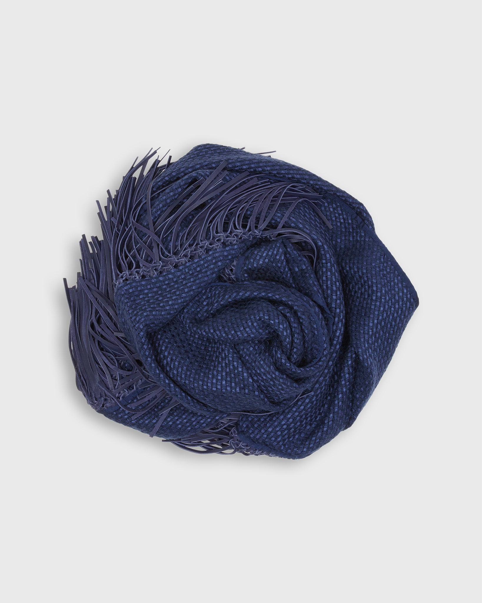 Leather Fringe Triangle Scarf in Navy/Blue