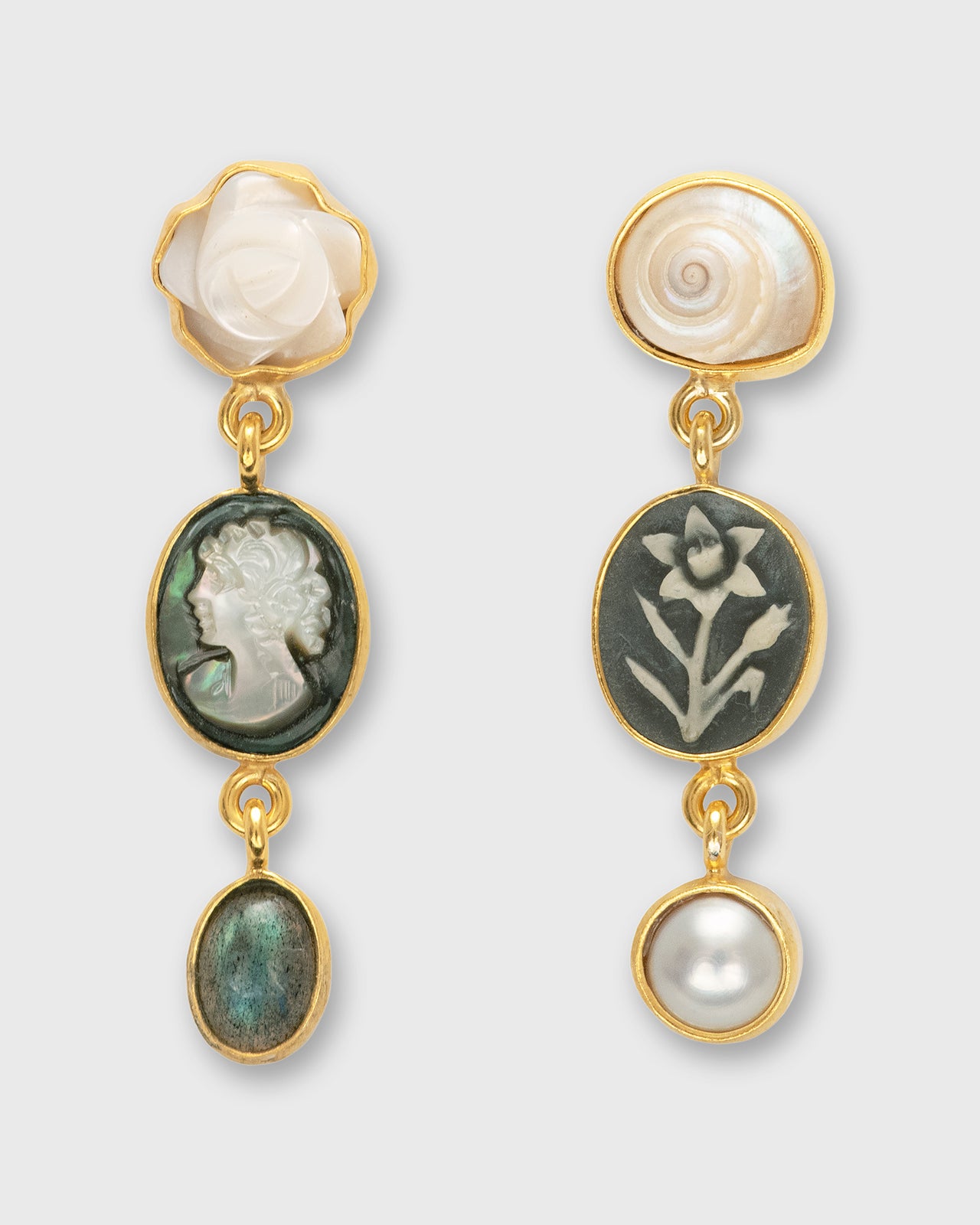 Three Charm Moving Drop Earrings in Olive