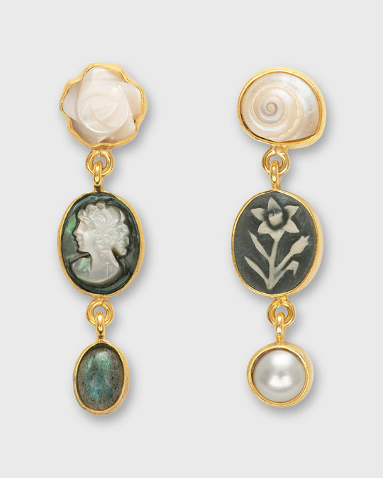 Three Charm Moving Drop Earrings in Olive