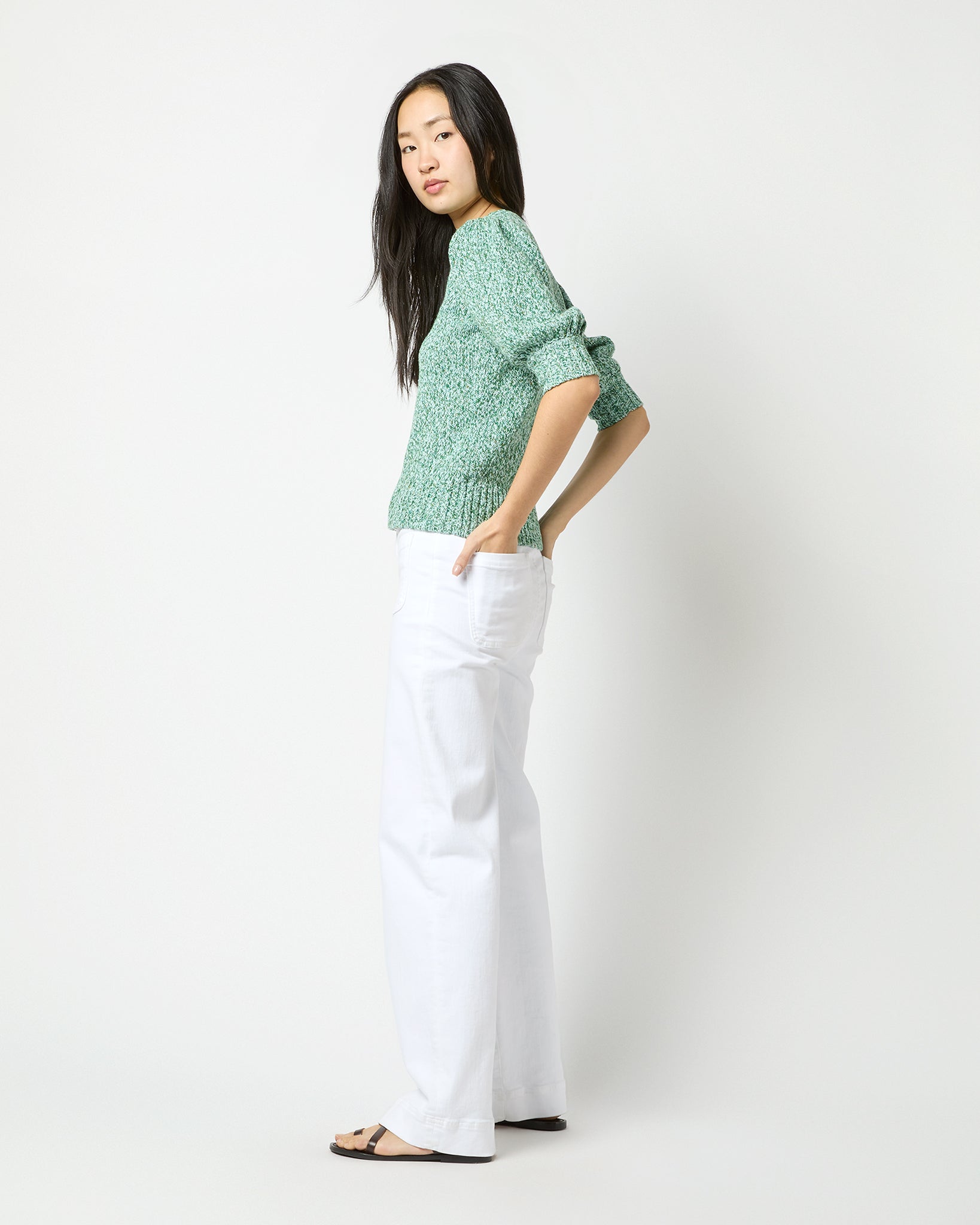 Giselle V-Neck Sweater in Green/Multi Cotton/Linen