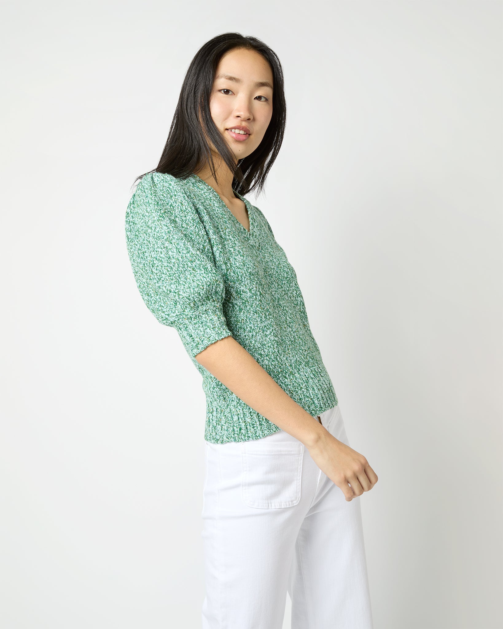 Giselle V-Neck Sweater in Green/Multi Cotton/Linen