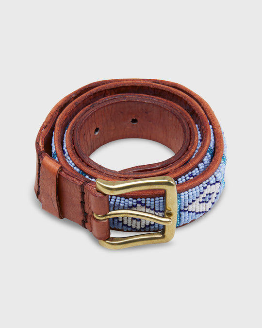 1.25" African Fully Beaded Belt in Sky Blue/White Triangle