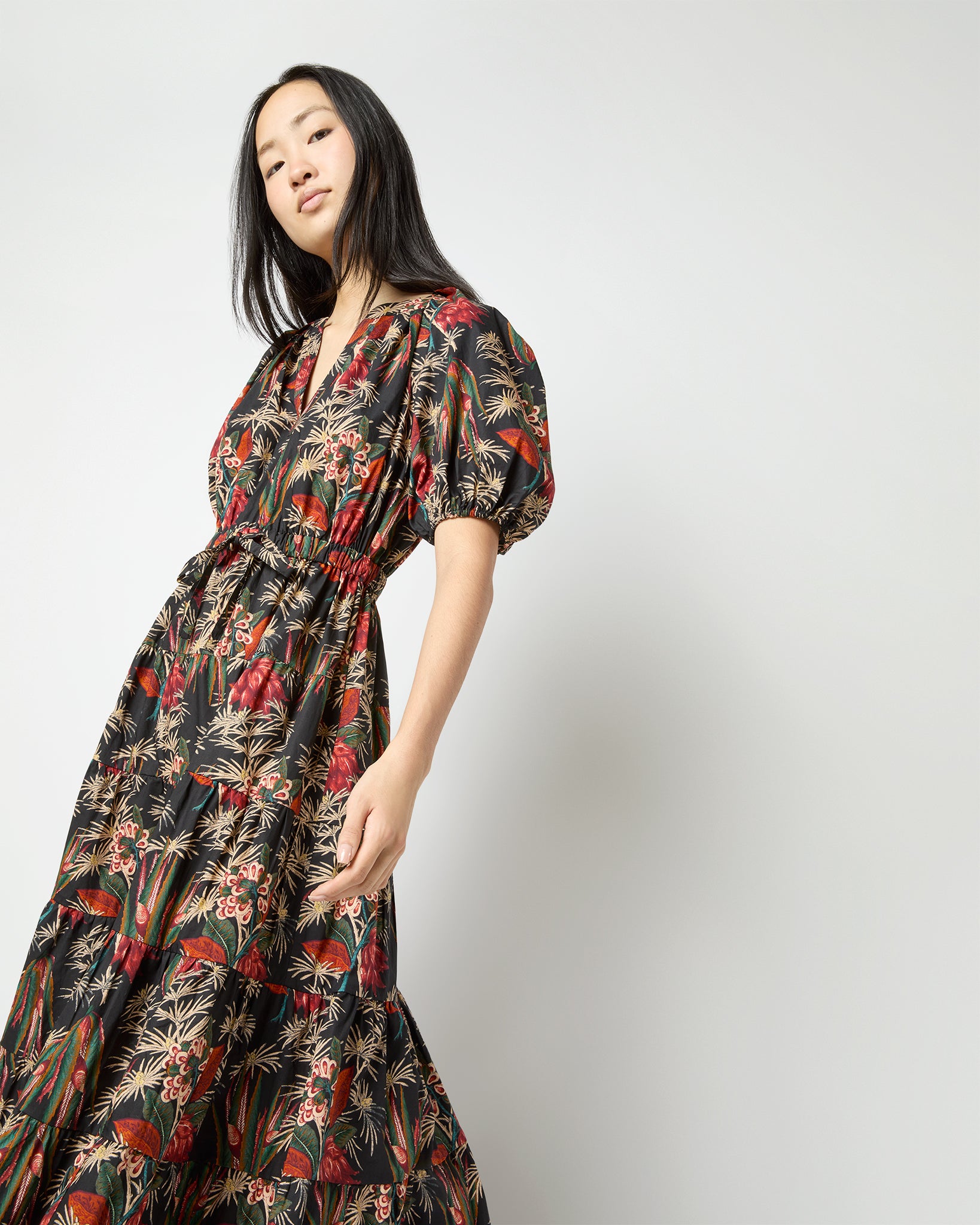 Olina Dress - Anthurium Black Floral Cotton Midi Dress - Ulla Johnson