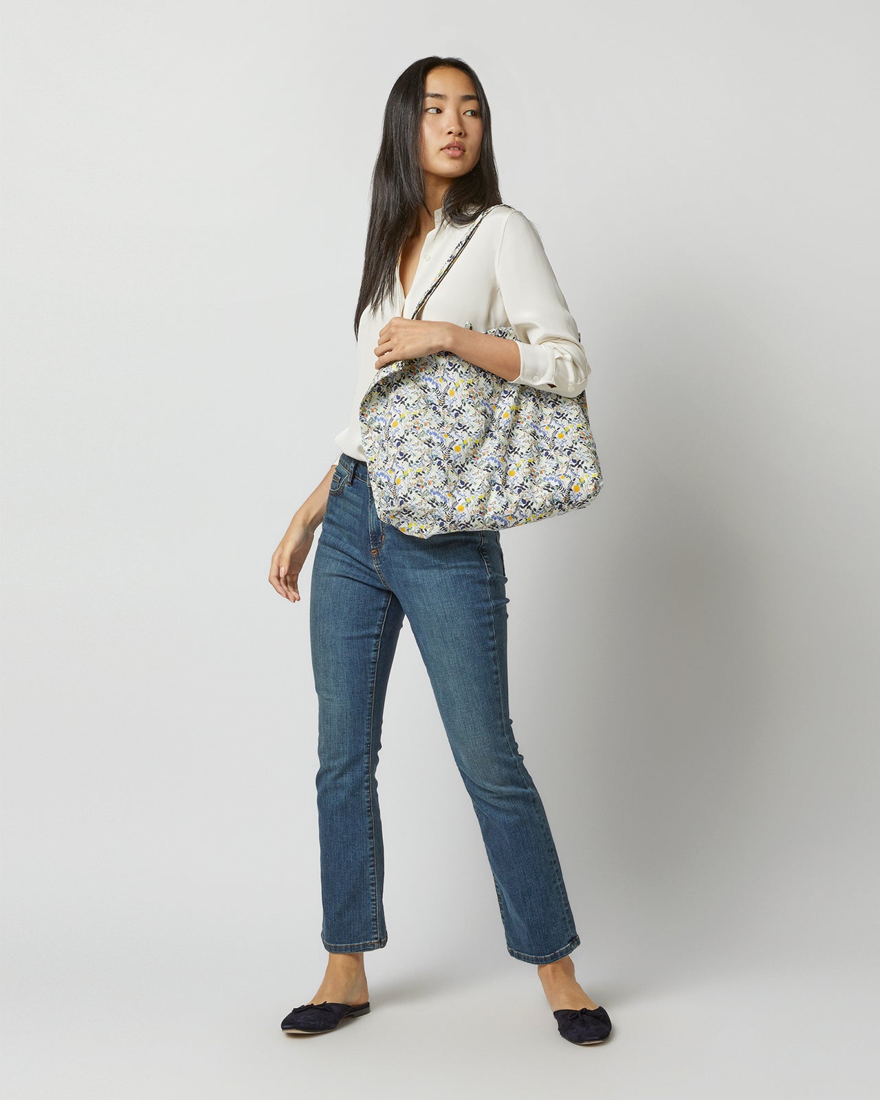 Reusable Tote Bag in Blue/Yellow Heidy Meadow Liberty Fabric