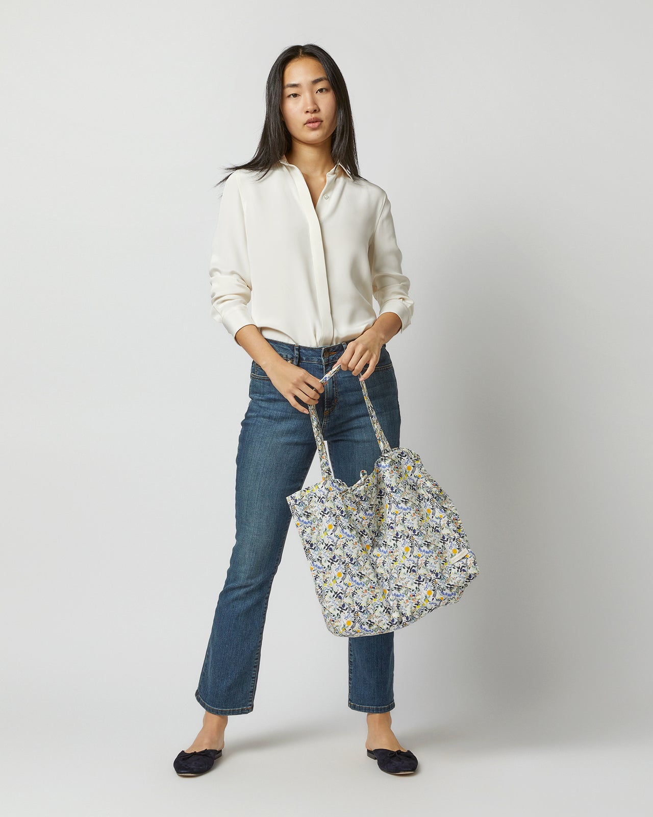 Reusable Tote Bag in Blue/Yellow Heidy Meadow Liberty Fabric