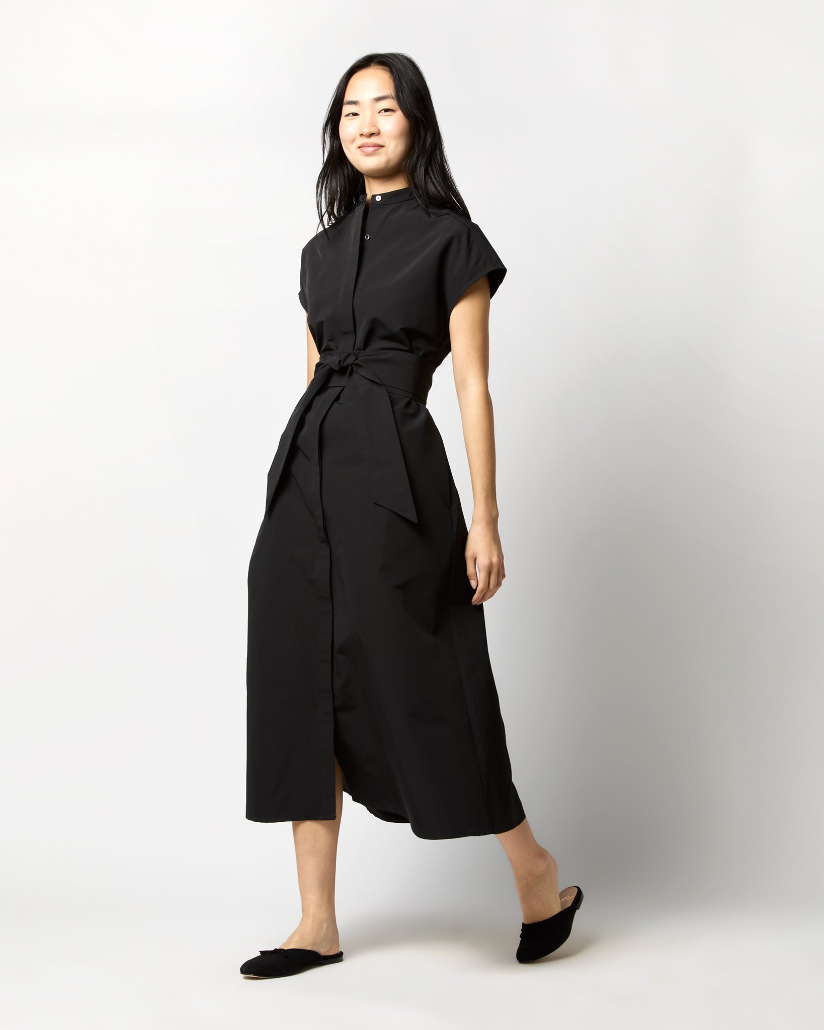 Gianna Maxi Shirtdress in Black Cotton/Nylon Faille