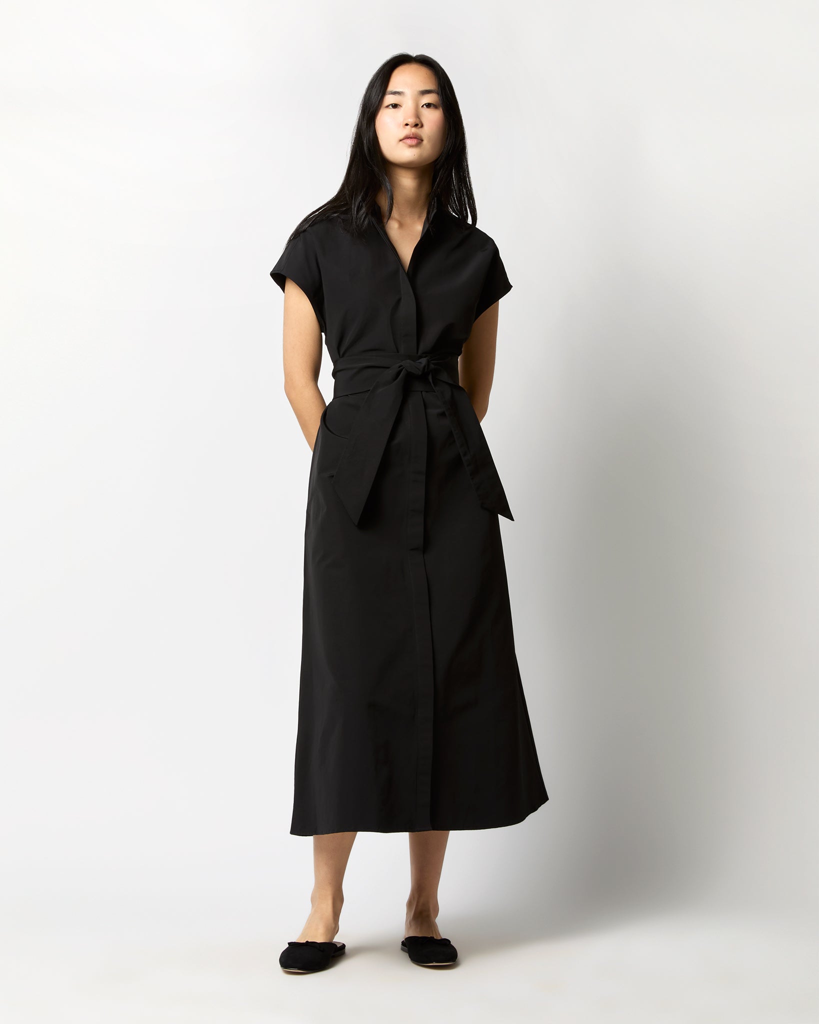 Gianna Maxi Shirtdress in Black Cotton/Nylon Faille