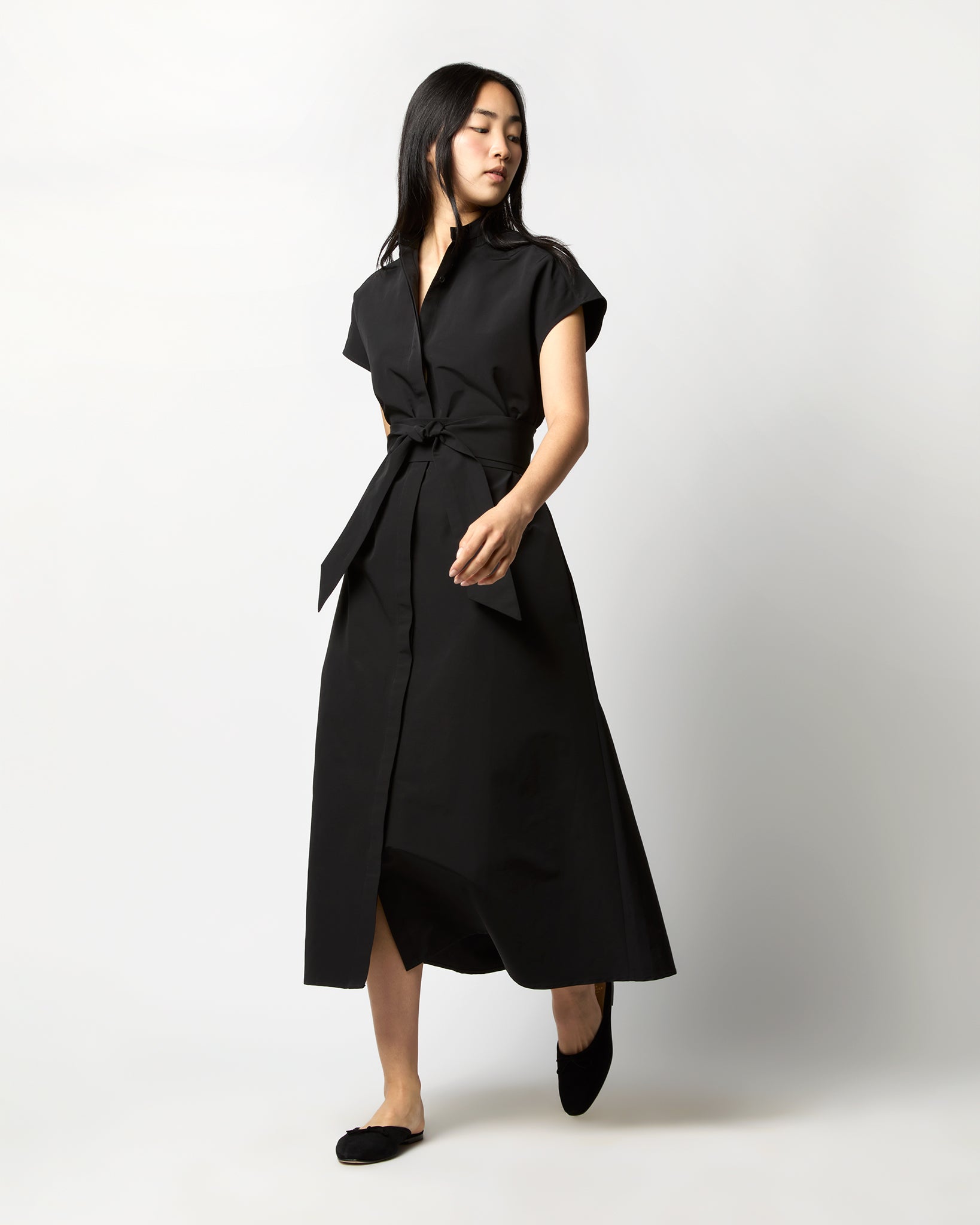 Gianna Maxi Shirtdress in Black Cotton/Nylon Faille