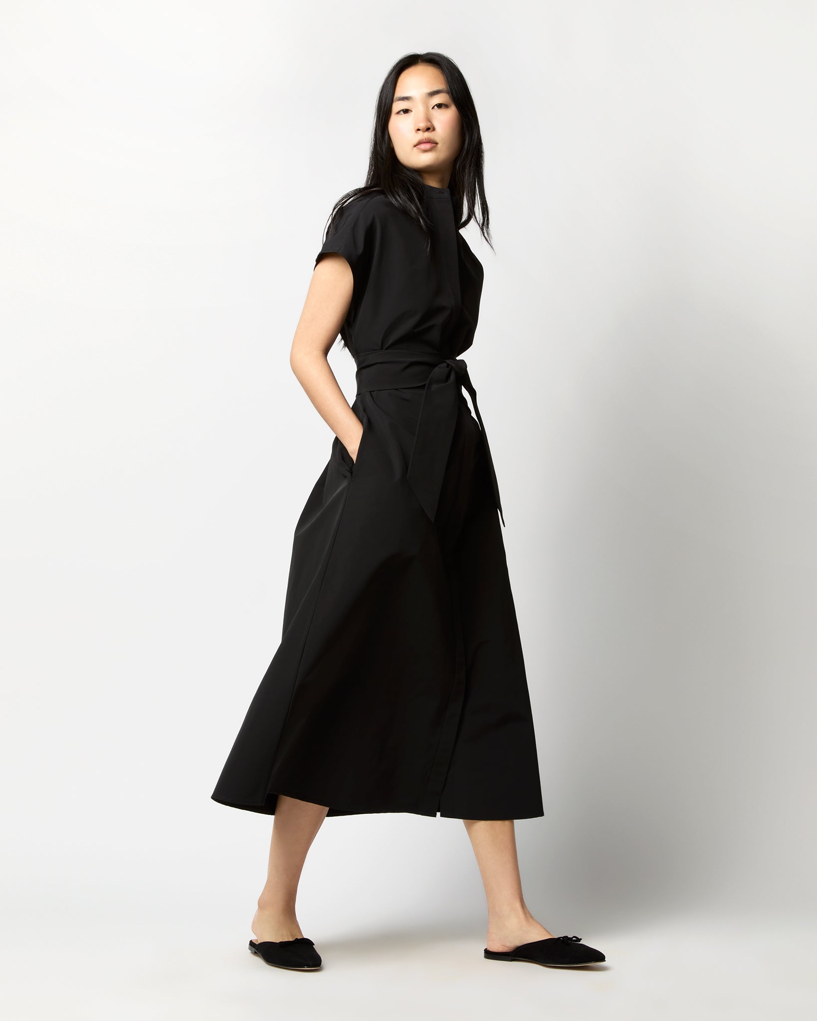 Gianna Maxi Shirtdress in Black Cotton/Nylon Faille