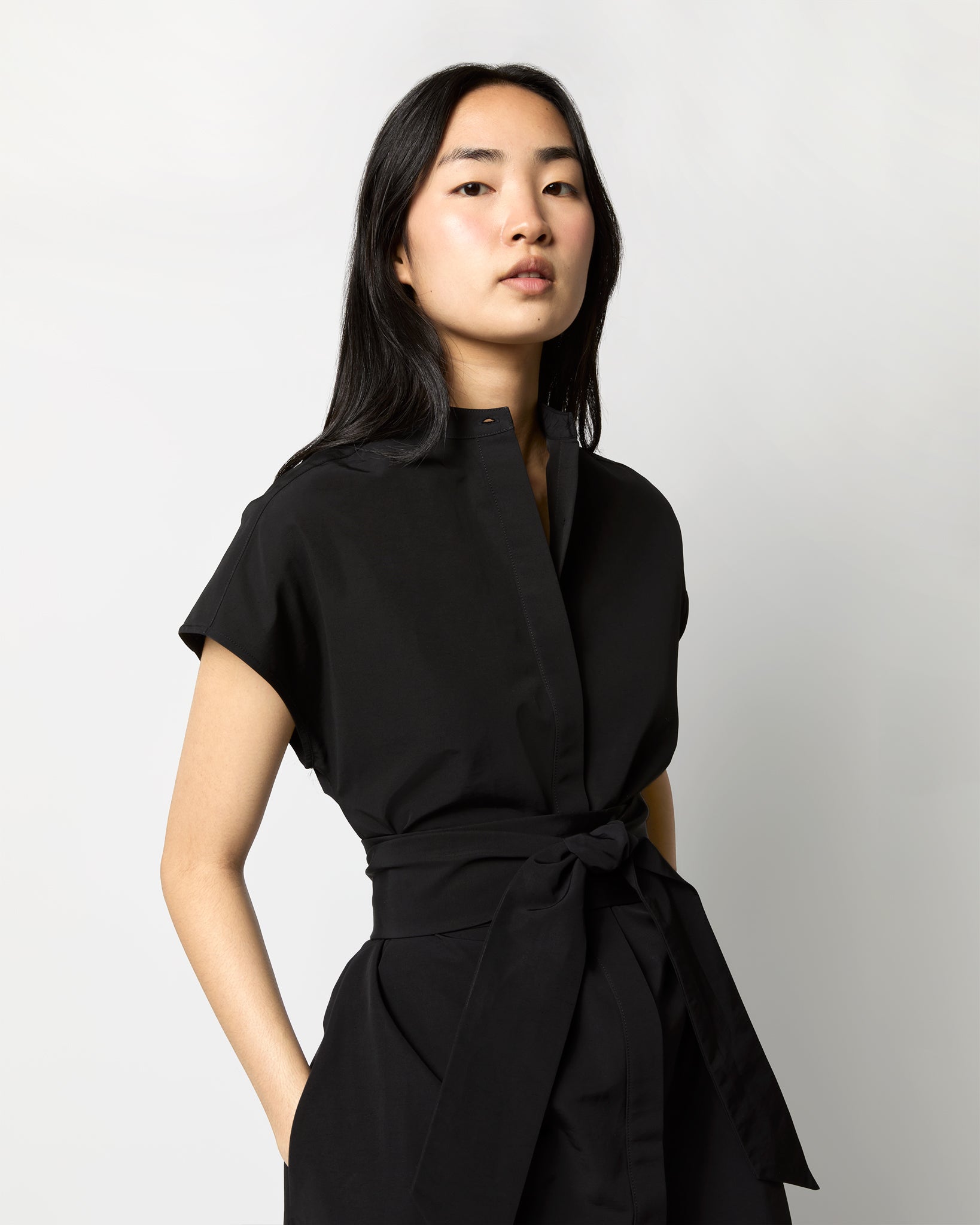 Gianna Maxi Shirtdress in Black Cotton/Nylon Faille