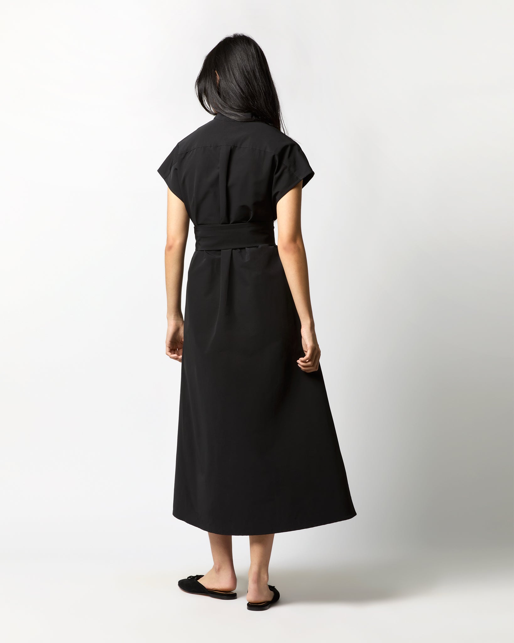 Gianna Maxi Shirtdress in Black Cotton/Nylon Faille