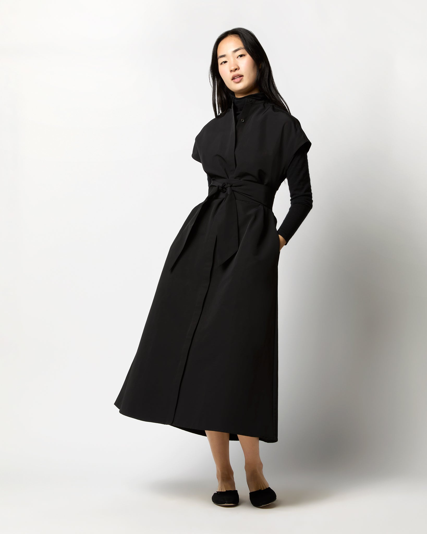 Gianna Maxi Shirtdress in Black Cotton/Nylon Faille