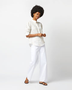 Elbow-Sleeve Frill Shirt in Marigold/Sage Fil Coupé Linen