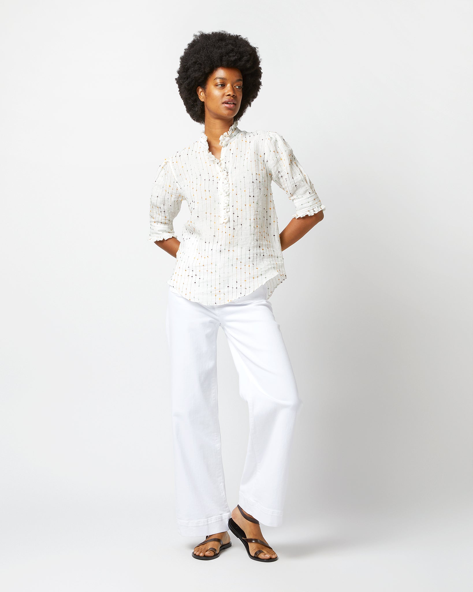 Elbow-Sleeve Frill Shirt in Marigold/Sage Fil Coupé Linen
