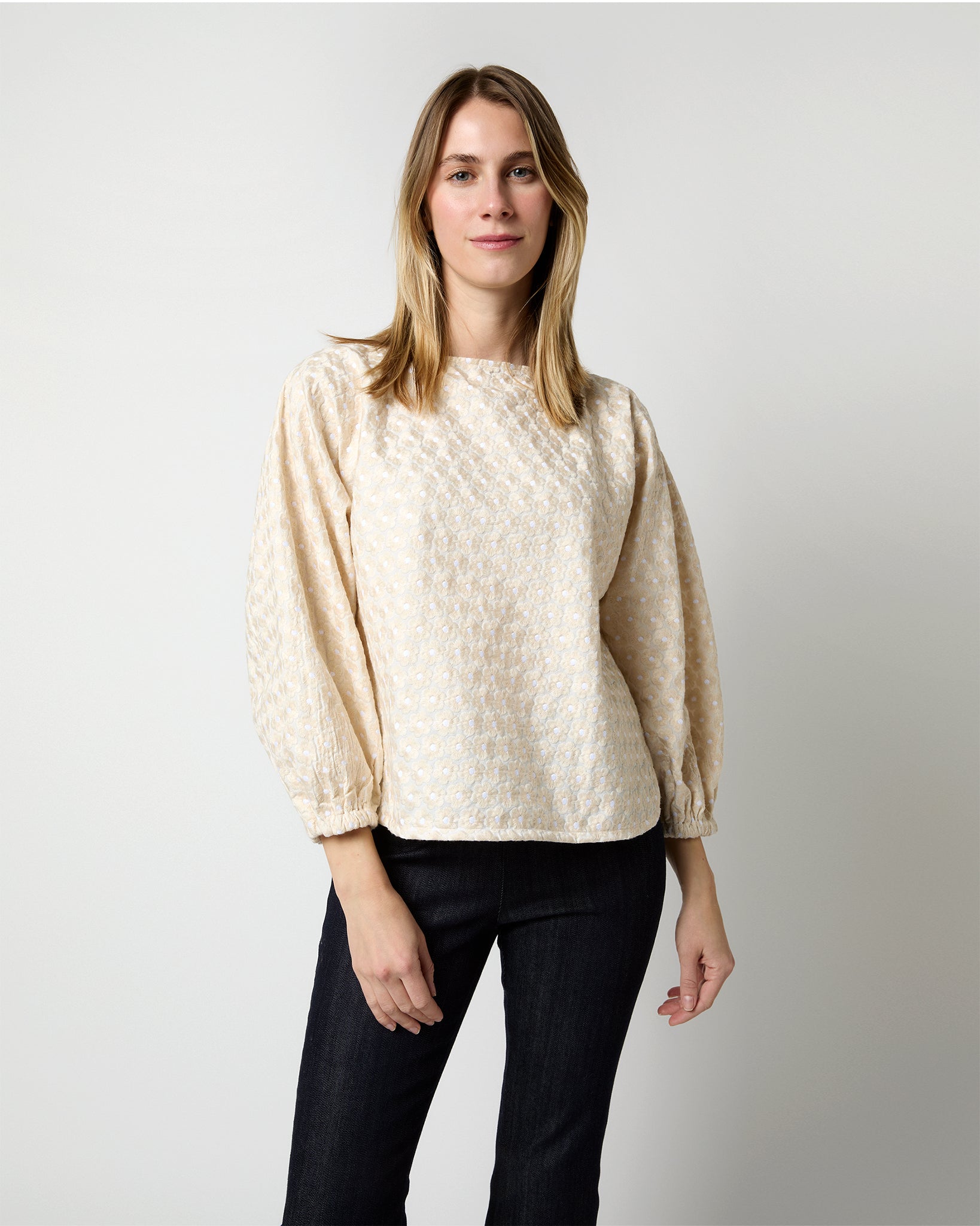 Elora Volume Top in Ivory Floral Embroidered Poplin