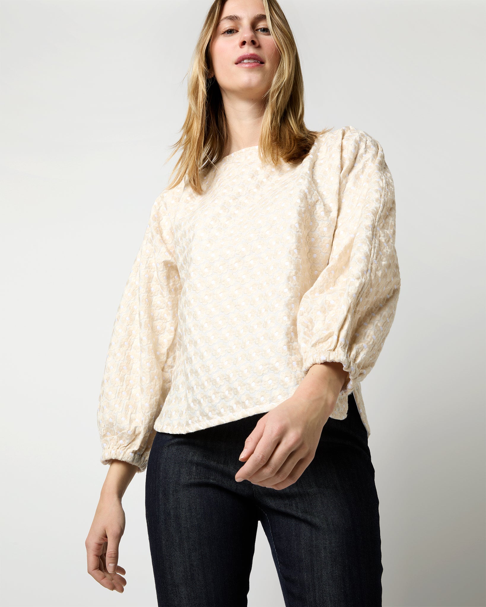 Elora Volume Top in Ivory Floral Embroidered Poplin
