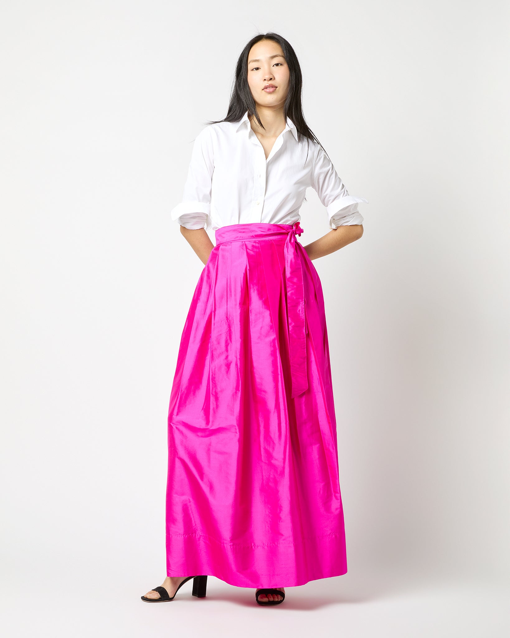 Pleated Wrap Skirt in Magenta Silk Shantung